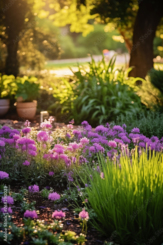 Sun-kissed garden with blooming purple flowers, tranquil nature scene, springtime beauty and growth. Sun-kissed garden with blooming purple flowers, tranquil nature scene, springtime beauty and growth.
