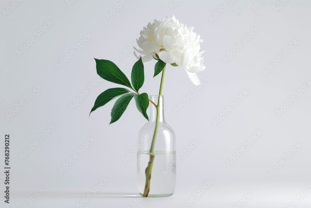 Elegantly simple white peony placed in a slender glass bottle, with a minimalist white background amplifying the floral beauty Elegantly simple white peony placed in a slender glass bottle, with a minimalist white background amplifying the floral beauty