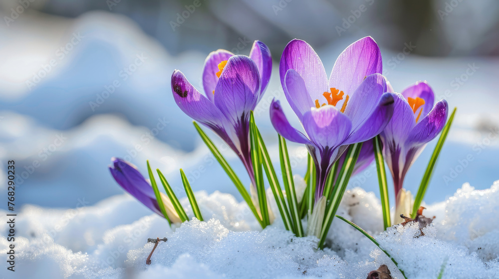 Close-up of glowing purple crocus flowers surrounded by melting snow, signaling the arrival of spring