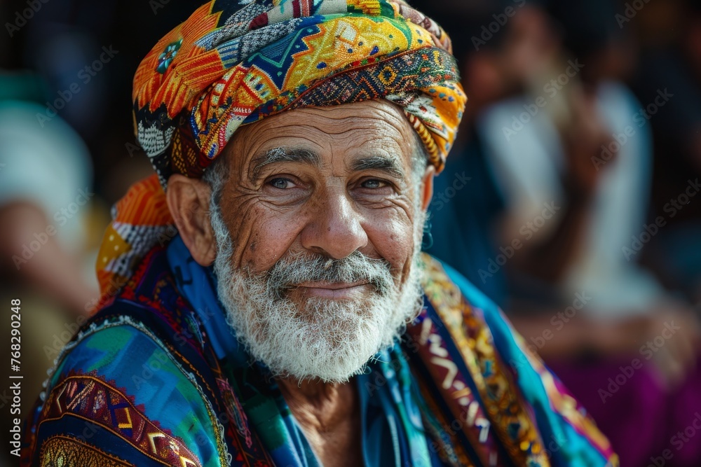 An elderly man with a warm smile wears a vibrant, patterned turban and attire, capturing a cultural essence