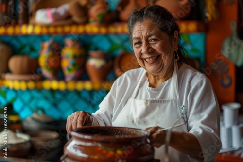 A cheerful Mexican woman happily prepares a traditional dish, her smile showcasing the warmth of her country's cuisine