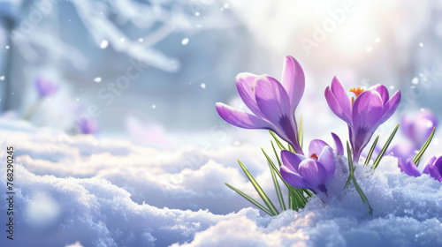 Stunning purple crocus blossoms in the snow with a beautifully blurred winter background creating a dreamy atmosphere © Daniel