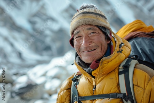 A seasoned guide smiles warmly, set against a snowy mountain backdrop, exemplifying endurance