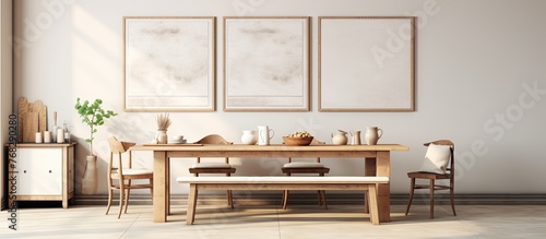 The interior design of the dining room includes a wooden table, chairs, and a bench in a beautiful house with rectangle windows, wooden flooring, and a cozy atmosphere