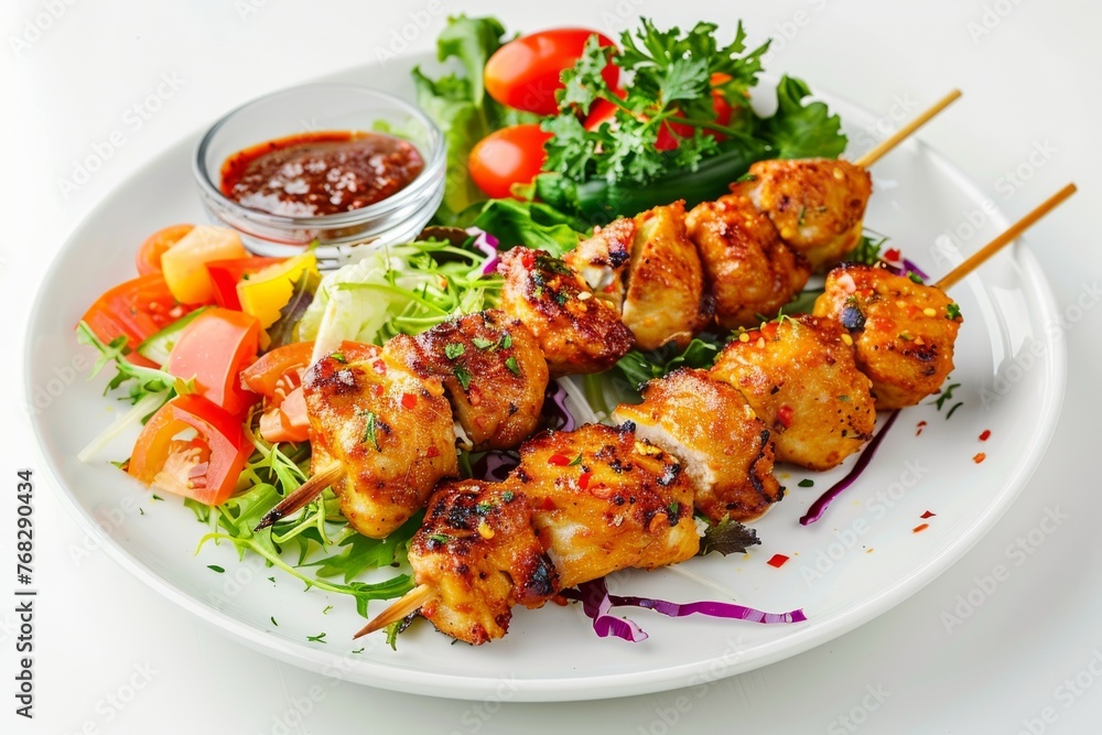 Juicy grilled chicken skewers served with mixed salad, tomatoes on a white plate Juicy grilled chicken skewers served with mixed salad, tomatoes on a white plate