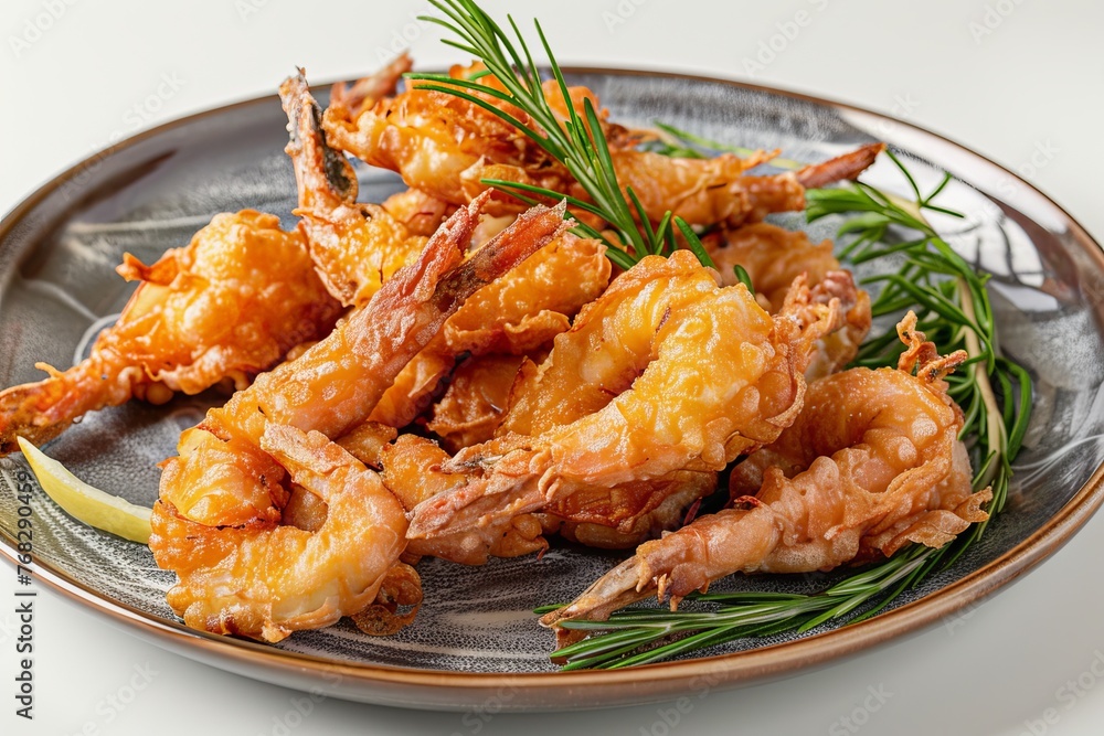 Crispy battered fried shrimp with fresh rosemary served on a rustic ceramic plate Crispy battered fried shrimp with fresh rosemary served on a rustic ceramic plate