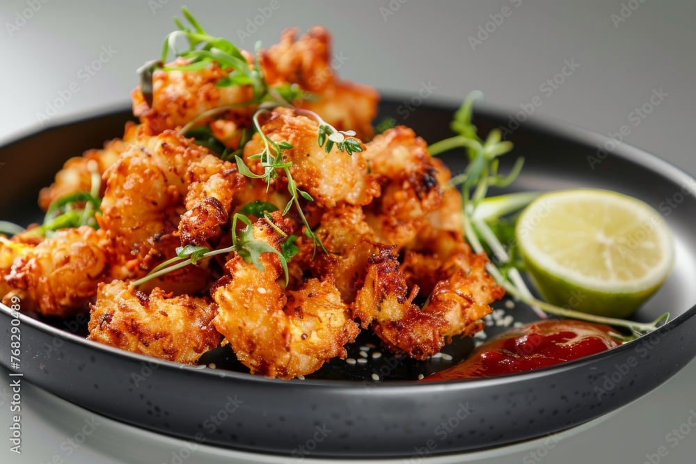 Golden fried cauliflower bites served with a lime wedge and ketchup, offering a delicious take on vegetarian snacks
