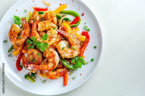 A plate with succulent prawns stir-fried with colorful bell peppers with herbs and spices