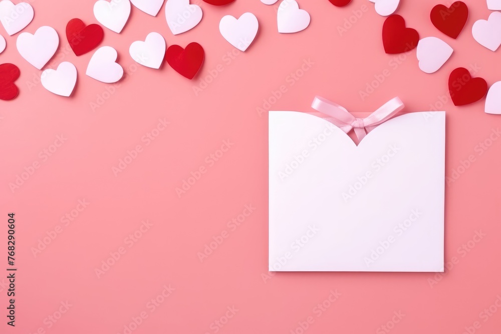 A blank Valentine's Day card surrounded by pink and white hearts on a soft pink background, ready for a personal message. Blank Valentine Card with Pink Hearts