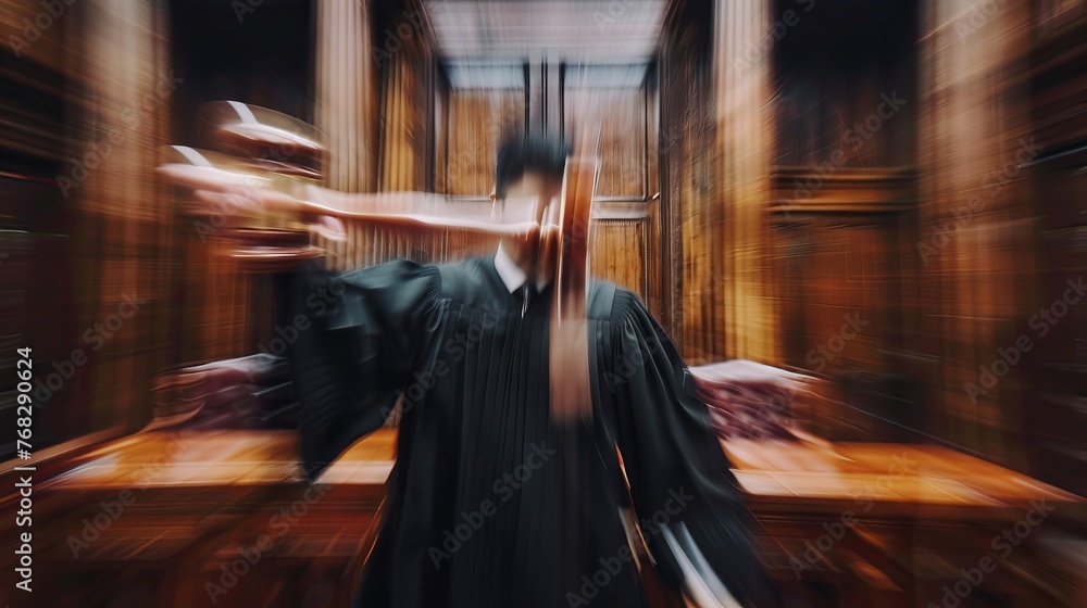 A blurred image of a judge holding a gavel during sentencing adds a dynamic aspect to the court's atmosphere - obrazy, fototapety, plakaty 