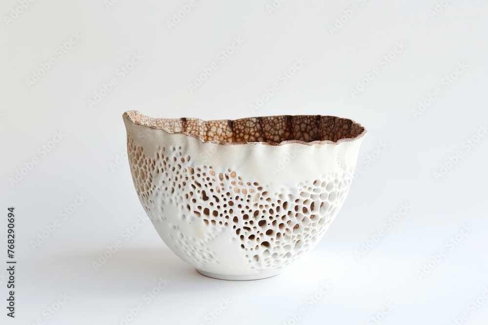 Fototapeta premium Handcrafted ceramic bowl with porous texture and unique pattern, highlighted by soft lighting on a smooth surface