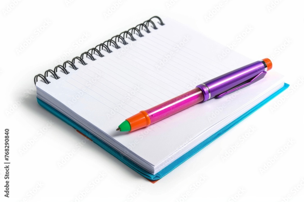 A crisp, white spiral notebook lies with a vibrant, dual-colored pen on an isolated white background, portraying organization or academic preparation A crisp, white spiral notebook lies with a vibrant, dual-colored pen on an isolated white background, portraying organization or academic preparation