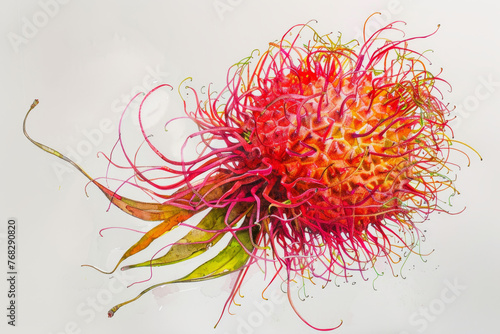 Red and yellow flowers in tropical nature: vibrant floral closeup with exotic rambutan fruit and hairy leaves photo