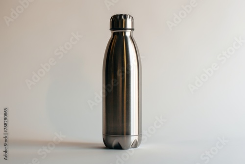 A sleek, stainless steel insulated water bottle on a soft grey background, epitomizing eco-friendly hydration solutions