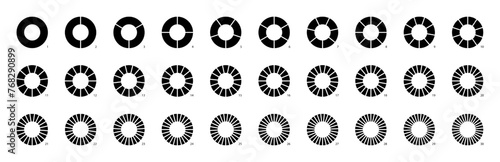 Circle pie chart as donut infographics data presentation. Charging round bar as percentage piece or part of whole. 12 and 24 segments of crossed ring.