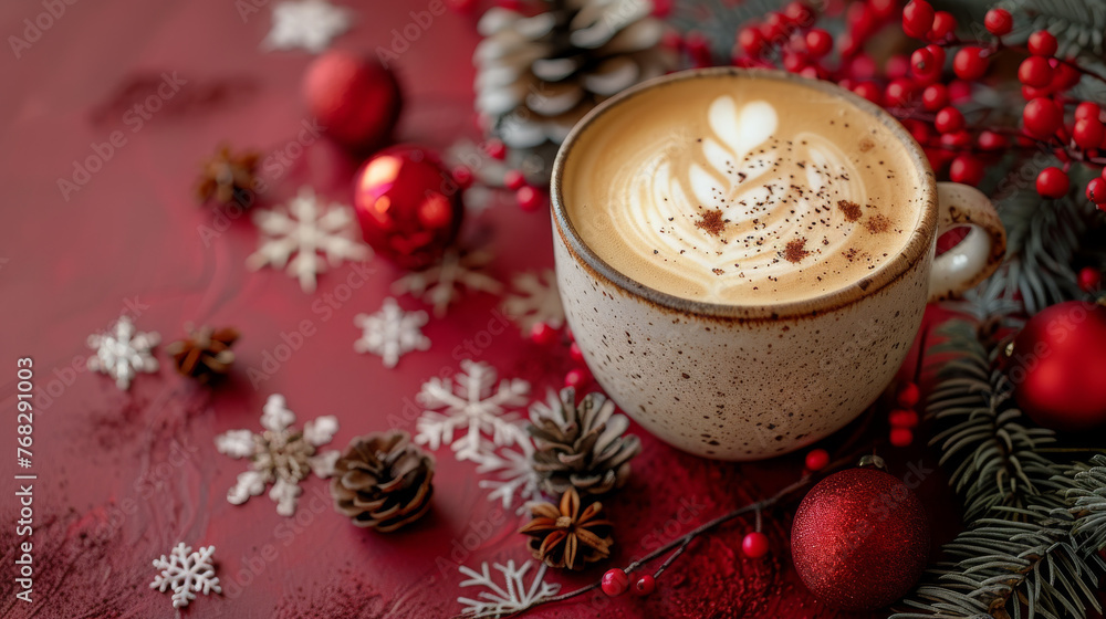 Elegant cappuccino with a heart-shaped foam art, placed amidst a Christmas-themed arrangement of decorations Elegant cappuccino with a heart-shaped foam art, placed amidst a Christmas-themed arrangement of decorations
