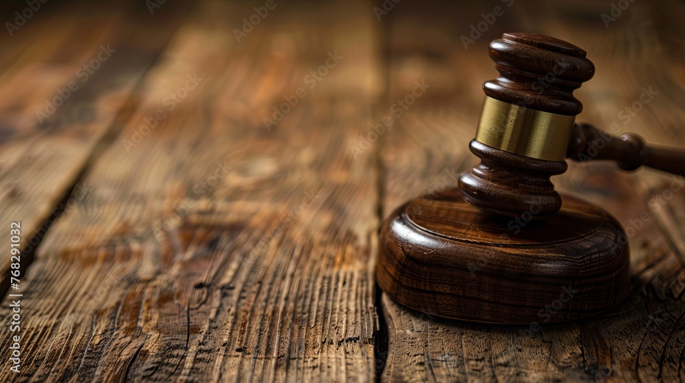 A judge's hammer rests on a wooden table, ready for the proceedings A judge's hammer rests on a wooden table, ready for the proceedings