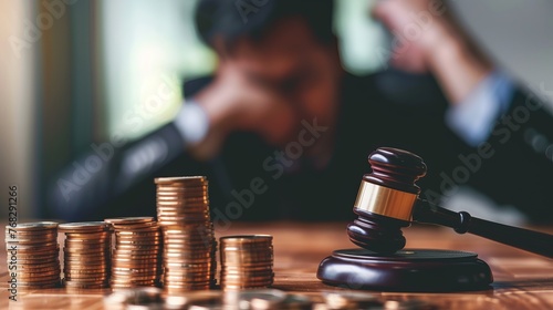 A sad man faces the burden of paying a penalty fine for legal violations, highlighted by a law gavel resting on a stack of coins photo
