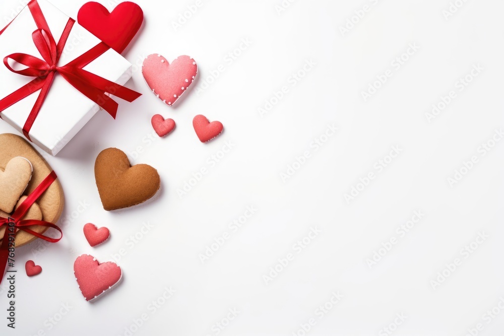 A romantic Valentine's Day setting with a white gift box, red ribbon, and heart-shaped cookies on a pristine white background.