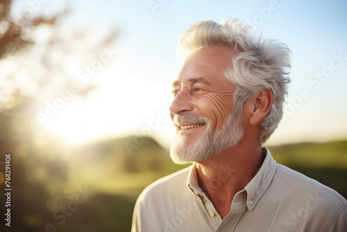 Laughing senior man in casual attire enjoying a seaside sunset, concept of retirement bliss and serenity.