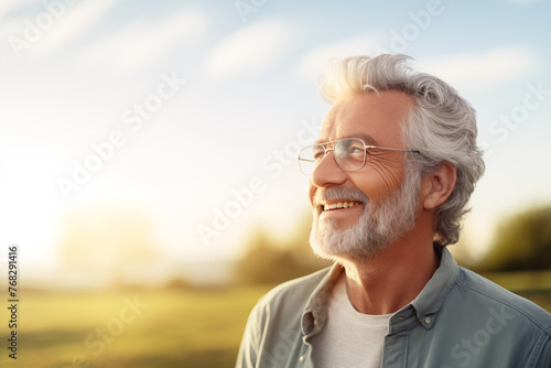 Senior man with glasses enjoying sunset, serene and happy elderly lifestyle, gentle retirement concept.