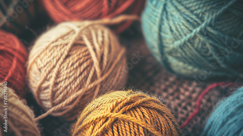 An arrangement of soft-focus yarn balls with an emphasis on warm color tones and textures photo