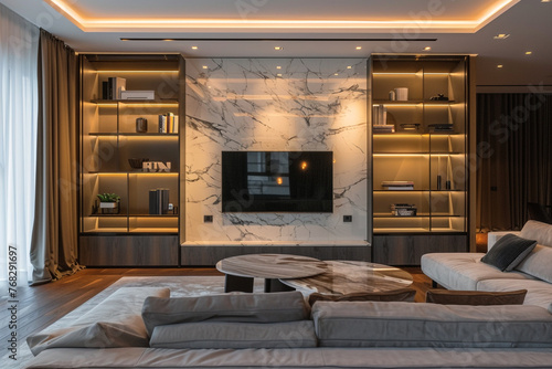 Spacious living room with marble wall reflecting LED lightiing. photo