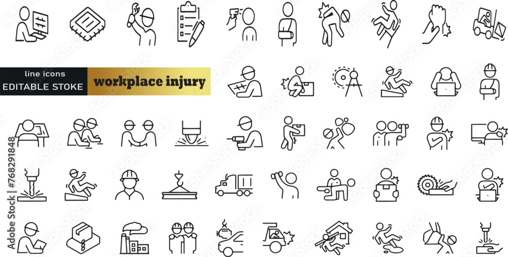 Set of linear preventing workplace injury icons. Thin outline icons pack. Vector illustration