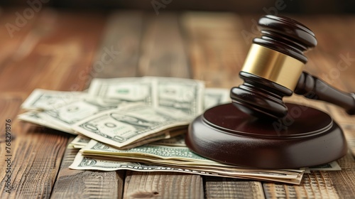 Corruption, bankruptcy, and auction bidding are conceptualized with a judge's gavel and dollar bundles on a wooden table