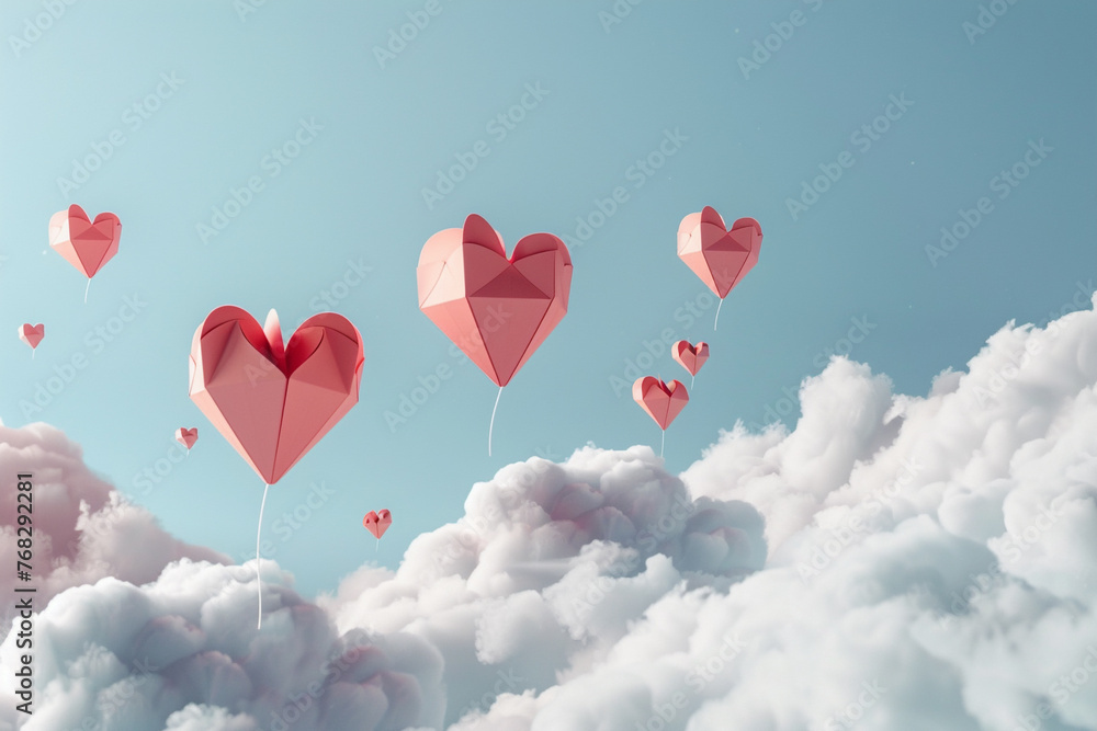 Surreal Valentine's Day composition with paper hearts above clouds, leaving room for text.