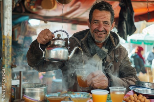 A Moroccan tea vendor with a warm smile pouring steaming tea into glasses in a bustling market