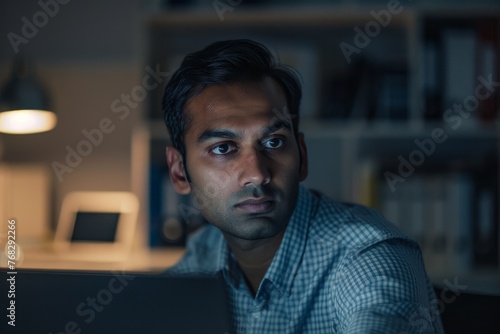 A man exhibits a contemplative expression working late at night with subtle lighting, suggesting stress or a crucial decision-making moment
