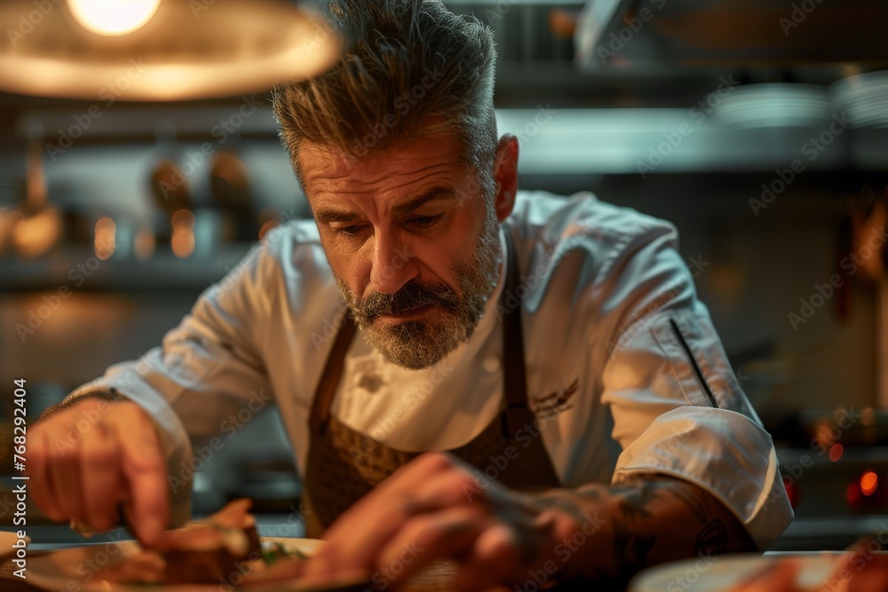 Intense male chef focusing on the presentation of a dish in a professional restaurant kitchen setting Intense male chef focusing on the presentation of a dish in a professional restaurant kitchen setting