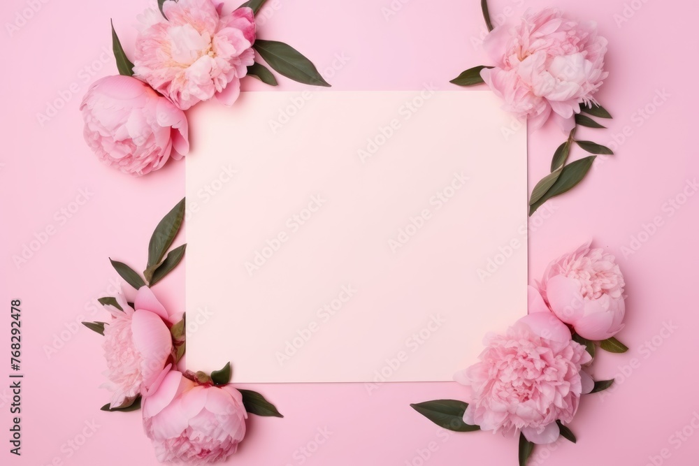 Delicate pink peonies surrounding a blank white paper, ideal for wedding invitations or announcements. Elegant Pink Peonies with Blank Paper for Text Delicate pink peonies surrounding a blank white paper, ideal for wedding invitations or announcements. Elegant Pink Peonies with Blank Paper for Text