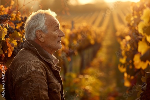 An older farmer gazes towards the horizon among rows of grapevines, reflecting on the wine harvest and the beauty of nature