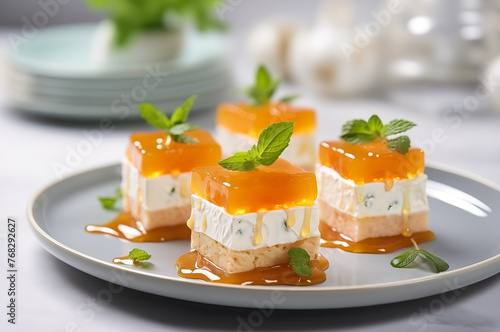 Herbed cream cheese and orange jelly canapes sandwich bites on a plate. Horizontal, close-up, side view. photo