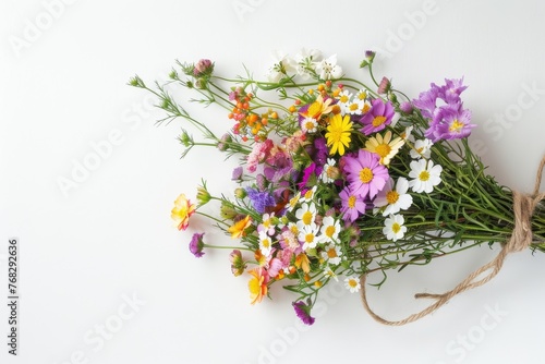 A bright and colorful bouquet of fresh wildflowers bundled together with rustic twine on a clean white background