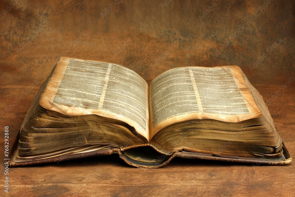 Fototapeta premium A well-preserved open book with yellowed pages featured against a rustic wooden backdrop, highlighting history and knowledge