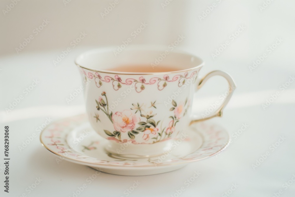 A delicate porcelain teacup adorned with a dainty rose design, rests serenely on a matching saucer against a soft white background A delicate porcelain teacup adorned with a dainty rose design, rests serenely on a matching saucer against a soft white background