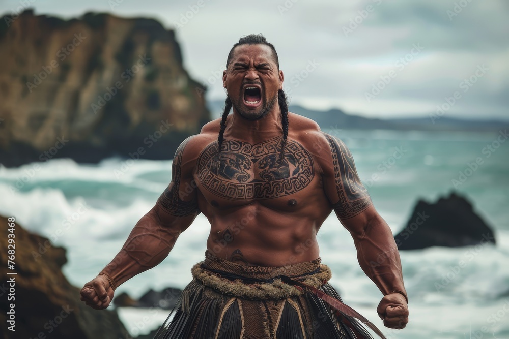 A muscular Maori warrior performs a traditional haka with intense expression on a rugged New Zealand coastline - obrazy, fototapety, plakaty 