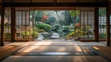 Traditional Japanese Garden Viewed through Sliding Doors