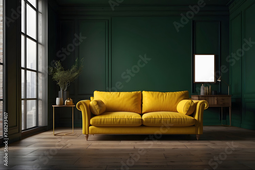 Rendering of a yellow sofa placed in an empty living room with a dark green wall background design.