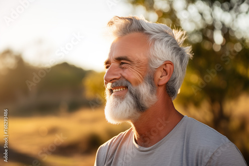 Joyful mature man with a bright smile outdoors, feeling of happiness and enjoyment, golden hour warmth.