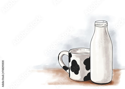 Hand drawn watercolor illustration of a cow-patterned milk jug and a glass bottle