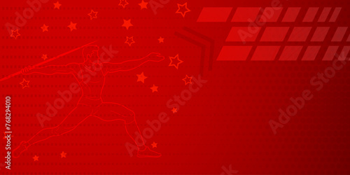 Javelin thrower themed background in red tones with abstract lines and dots, with sport symbols such as a male athlete