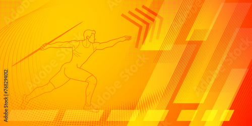 Javelin thrower themed background in yellow and red tones with abstract lines and dots, with sport symbols such as a male athlete