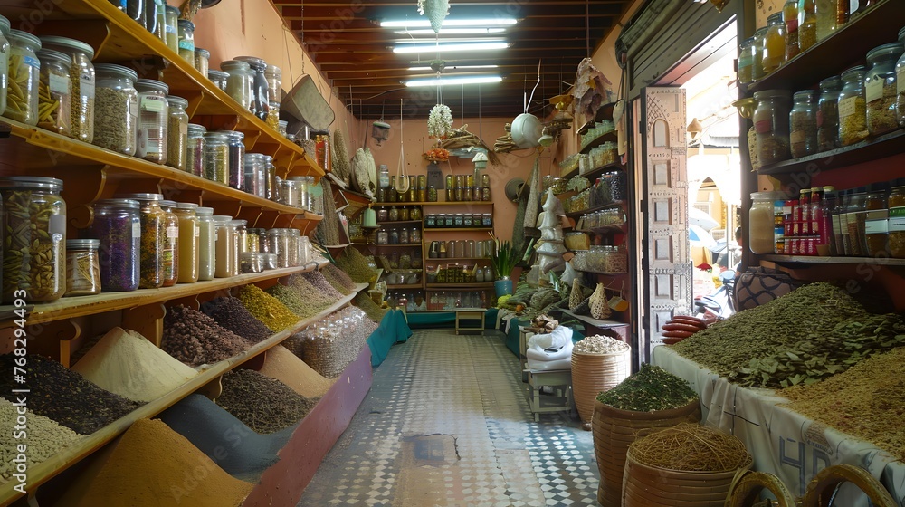 Market display featuring an array of spices and legumes in woven baskets, showcasing a rich tapestry of flavors and colors.