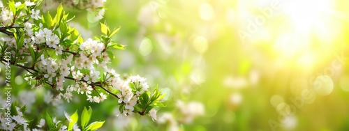 a branch of a tree with white flowers in the sunlight with a blurry background