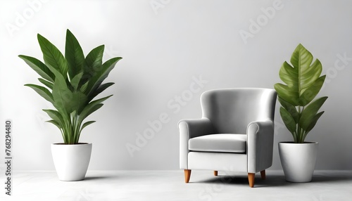 A gray modern armchair with wooden legs next to a large green potted plant with broad leaves against a white background. Black vintage armchair with metal legs next to a small red potted plant with th