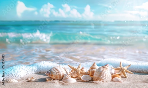 Paradise island. Sea coast with white sand, shells and starfish © piai